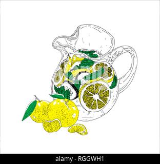Hand drawn vector summer ice drink with cittrus. Lemon and mint. Detox water. Linear illustration. - Vector illustration Stock Vector