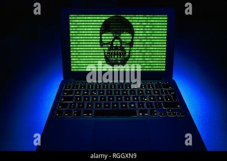 Laptop with skull and crossbones and binary numbers on screen, symbol image malware, virus alarm, computer crime Stock Photo
