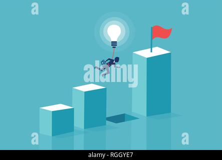 Business creativity innovation concept. Vector of a businessman flying over chart gap with lightbulb. Symbol of problem solution, breakthrough and mot Stock Vector