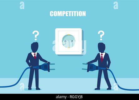 Vector of two confused businessmen standing with electrical plugs competing for energy resources on blue background Stock Vector