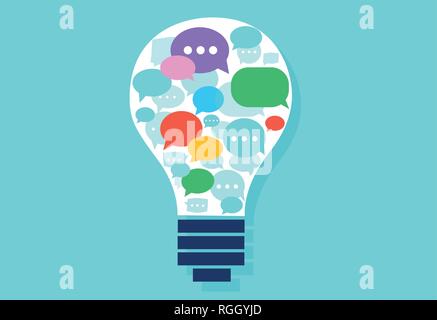 Vector of a light bulb with multiple speech bubbles inside. Successful communication concept. Stock Vector