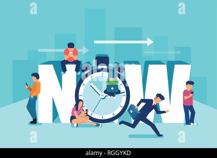 Time to act NOW concept. Vector of a busy running businessman and laidback young generation playing in modern gadgets Stock Vector