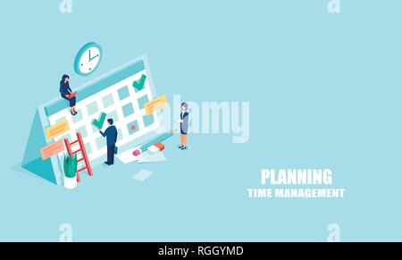 Planning schedule concept. Vector web banner of businesspeople busy with time management and planning. Isometric illustration isolated onlight blue ba Stock Vector