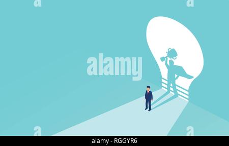 Vector of a businessman with superhero shadow holding a trophy. Symbol of ambition, motivation. leadership and challenge Stock Vector