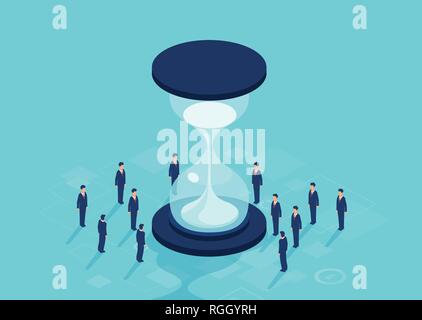 Teamwork and time management concept. Vector of group of businessmen standing around hourglass solving a problem Stock Vector