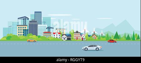 Vector of urban landscape with modern cityscape and suburbs with wind power turbines on a background of mountains. Highway with cars. Stock Vector