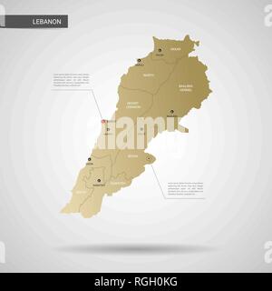 Stylized vector Lebanon map.  Infographic 3d gold map illustration with cities, borders, capital, administrative divisions and pointer marks, shadow;  Stock Vector