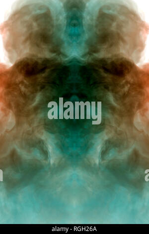 The sinister image of the creature's head from the evaporating smoke of a pillar rising and highlighted in blue and dirty red on a white background. W Stock Photo