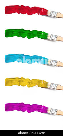 Set of five paintbrushes painting with various colors isolated. Vertical composition. Stock Photo