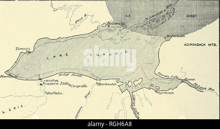 . Bulletin of the Buffalo Society of Natural Sciences. Natural history; Science. 6o NEW YORK STATE MUSEUM When the waters north of the escarpment had subsided to the level of the outlet at Rome, a long period of stability ensued, during which extensive and well marked beaches were formed by the waves. This comparatively long-lived body of water has been named Lake Iroquois, and its outline is shown in the accompanying map (fig. 10) reproduced from Gilbert's History of the Niagara river. The Iroquois shore lines in this region may be seen in the ridge road which extends eastward from Lewiston,  Stock Photo