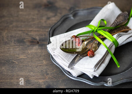 Festive easter table setting with colored eggs and easter bunny concept with copyspace Stock Photo