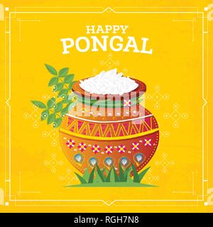 Happy Pongal Harvest Festival of Tamil Nadu South India. Vector Illustration. Pot with Food. Stock Vector