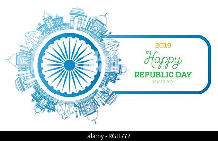 Republic Day in India. Vector Illustration. 26 January. Famous Indian Landmarks. Stock Vector