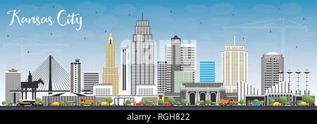 Kansas City Missouri Skyline with Color Buildings and Blue Sky. Vector Illustration. Business Travel and Tourism Concept with Modern Architecture. Stock Vector