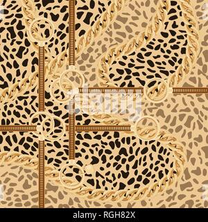 Leopard Pattern with Golden Chain and Belts for Fabric Design. Vector Illustration. Silk Scarf Design. Stock Vector