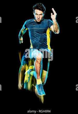 one caucasian runner running jogger jogging man light painting speed effect  isolated on black background Stock Photo