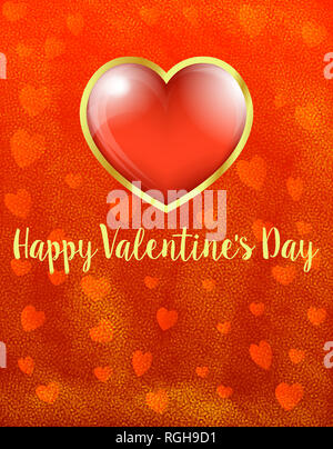 Golden Card Red Heart Happy Valentines Day, Heart on Heart Background - Valentine Card Stock Photo