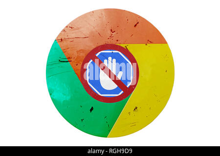 Google chrome logo and adblock app, concept, isolated in white background Stock Photo