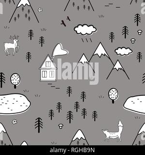 Cute scandinavian landscape with animals, trees, lake, and mountains, seamless pattern. Scandinavian style traditional motifs. Vector. Stock Vector
