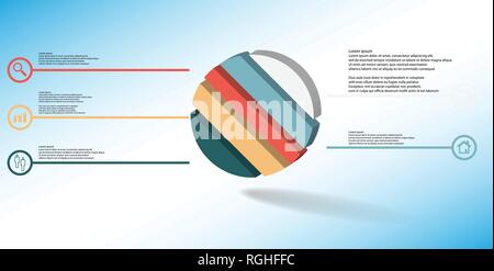 3D illustration infographic template. The embossed ring is askew divided to five color parts. Object is arranged on blue white background. Color lines Stock Vector