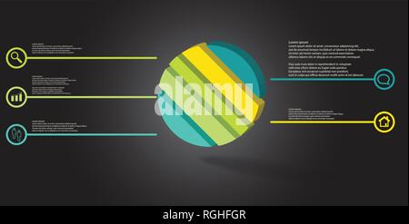 3D illustration infographic template. The embossed ring is askew divided to five color parts. Object is arranged on grey black background. Color lines Stock Vector