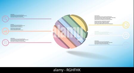 3D illustration infographic template. The embossed ring is askew divided to six color parts. Object is arranged on blue white background. Color lines  Stock Vector