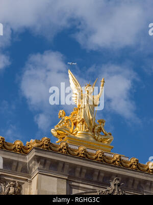Airplane and Statue of Opera Garnier in Paris Stock Photo