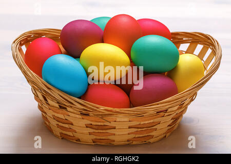 Many Easter colored eggs in the basket. Close-up Stock Photo