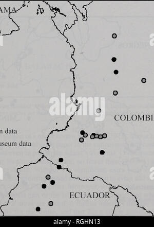 . Bulletin of the British Ornithologists' Club. . COLOMBIA Museum data Non-museum data Fig. 2. The range of Yellow-eared Parrot Ognorhynchus icterotis. Black circles are localities identified from published sources. Grey circles are localities identified from unpublished museum specimens.. Please note that these images are extracted from scanned page images that may have been digitally enhanced for readability - coloration and appearance of these illustrations may not perfectly resemble the original work.. British Ornithologists' Club. London : British Ornithologists' Club Stock Photo