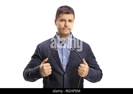 Young man holding a broken cable isolated on white background Stock Photo