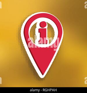 Map pointer with information sign. Vector. Magenta icon with darker shadow, white sticker and black popart shadow on golden background. Stock Vector
