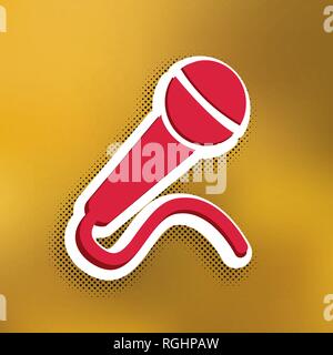 Microphone sign illustration. Vector. Magenta icon with darker shadow, white sticker and black popart shadow on golden background. Stock Vector