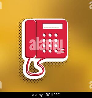 Communication or phone sign. Vector. Magenta icon with darker shadow, white sticker and black popart shadow on golden background. Stock Vector
