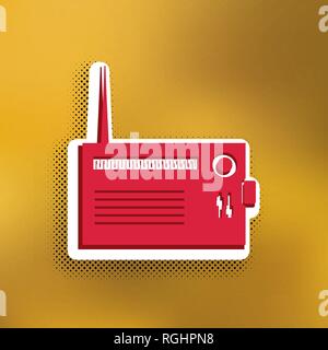 Radio sign illustration. Vector. Magenta icon with darker shadow, white sticker and black popart shadow on golden background. Stock Vector