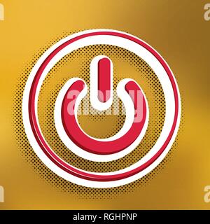 On Off switch sign. Vector. Magenta icon with darker shadow, white sticker and black popart shadow on golden background. Stock Vector