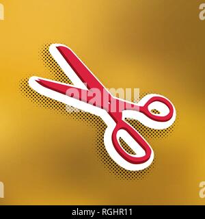 Scissors sign illustration. Vector. Magenta icon with darker shadow, white sticker and black popart shadow on golden background. Stock Vector