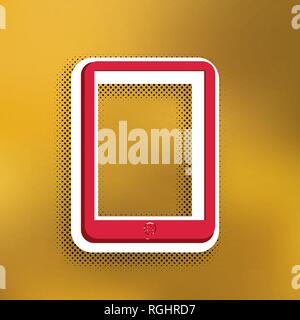 Computer tablet sign. Vector. Magenta icon with darker shadow, white sticker and black popart shadow on golden background. Stock Vector