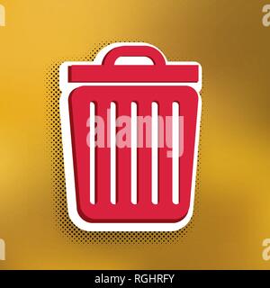 Trash sign illustration. Vector. Magenta icon with darker shadow, white sticker and black popart shadow on golden background. Stock Vector