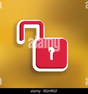Unlock sign illustration. Vector. Magenta icon with darker shadow, white sticker and black popart shadow on golden background. Stock Vector