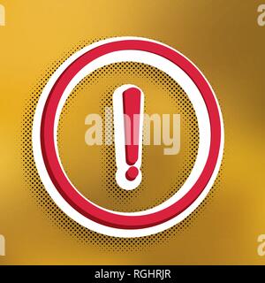 Exclamation mark sign. Vector. Magenta icon with darker shadow, white sticker and black popart shadow on golden background. Stock Vector