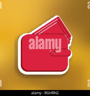 Wallet sign illustration. Vector. Magenta icon with darker shadow, white sticker and black popart shadow on golden background. Stock Vector