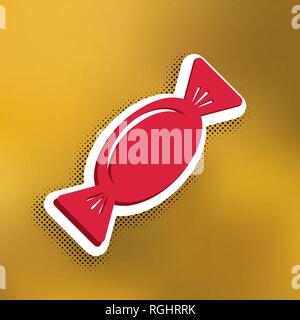 Candy sign illustration. Vector. Magenta icon with darker shadow, white sticker and black popart shadow on golden background. Stock Vector