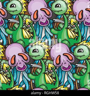 Seamless pattern with cute cartoon monsters. Ready for packaging, wrapping paper, prints, wallpaper, fabric, textile, fashion, home decor, etc. Vector Stock Vector