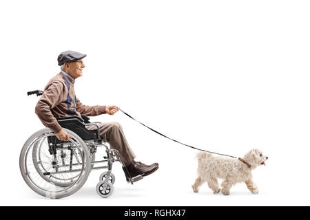 Full length profile shot of a senior man in a wheelchair walking a dog isolated on white background Stock Photo