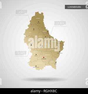 Stylized vector Luxembourg map.  Infographic 3d gold map illustration with cities, borders, capital, administrative divisions and pointer marks, shado Stock Vector