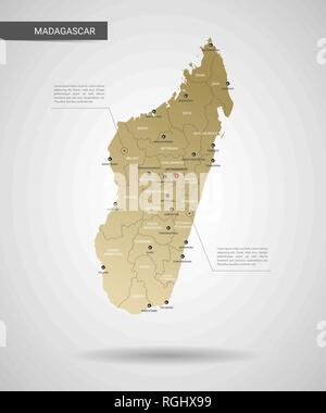 Stylized vector Madagascar map.  Infographic 3d gold map illustration with cities, borders, capital, administrative divisions and pointer marks, shado Stock Vector