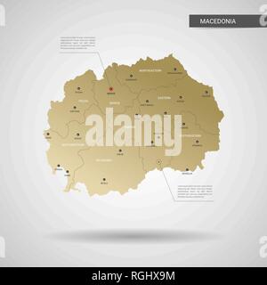 Stylized vector Macedonia map.  Infographic 3d gold map illustration with cities, borders, capital, administrative divisions and pointer marks, shadow Stock Vector