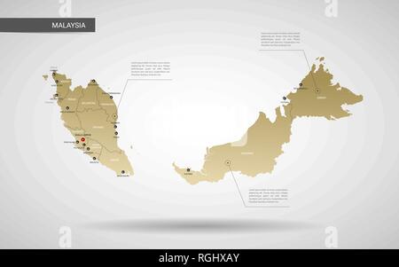 Stylized vector Malaysia map.  Infographic 3d gold map illustration with cities, borders, capital, administrative divisions and pointer marks, shadow; Stock Vector