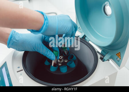 Doctor or lab technician putting blood samples in centrifuge Stock Photo