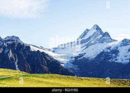Picturesque view on Bachalpsee lake in Swiss Alps mountains. Snowy peaks of Wetterhorn, Mittelhorn and Rosenhorn on background. Grindelwald valley, Switzerland. Landscape photography
